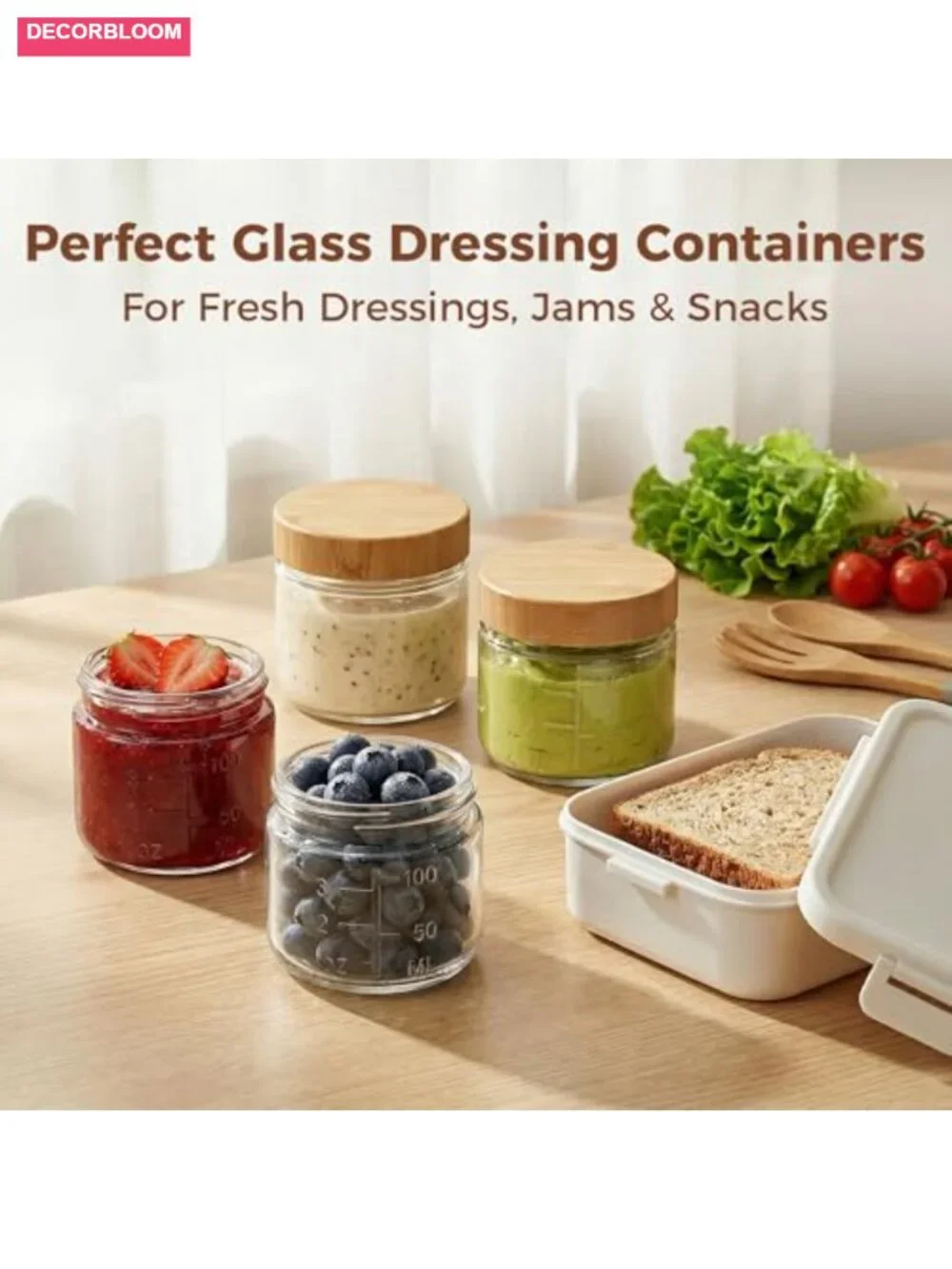 6 Pack 3oz Glass Salad Dressing Containers with Bamboo Lids, Airtight Leakproof